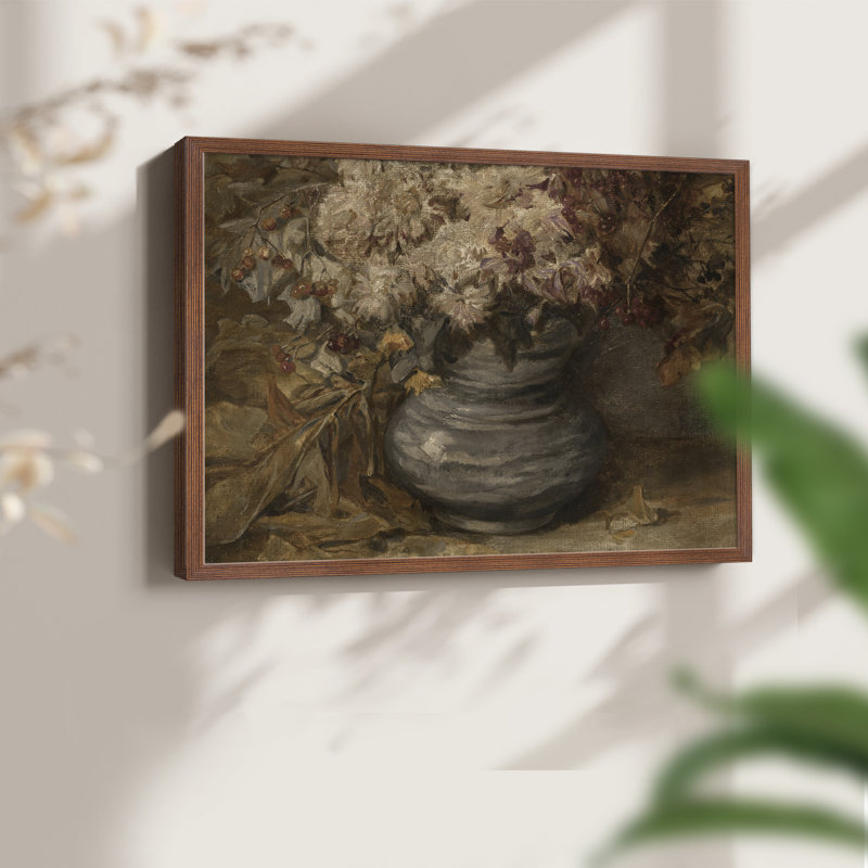 Motif floral rétro - XCI - reproduction encadrée, H 16 po x l 20 po, Noyer