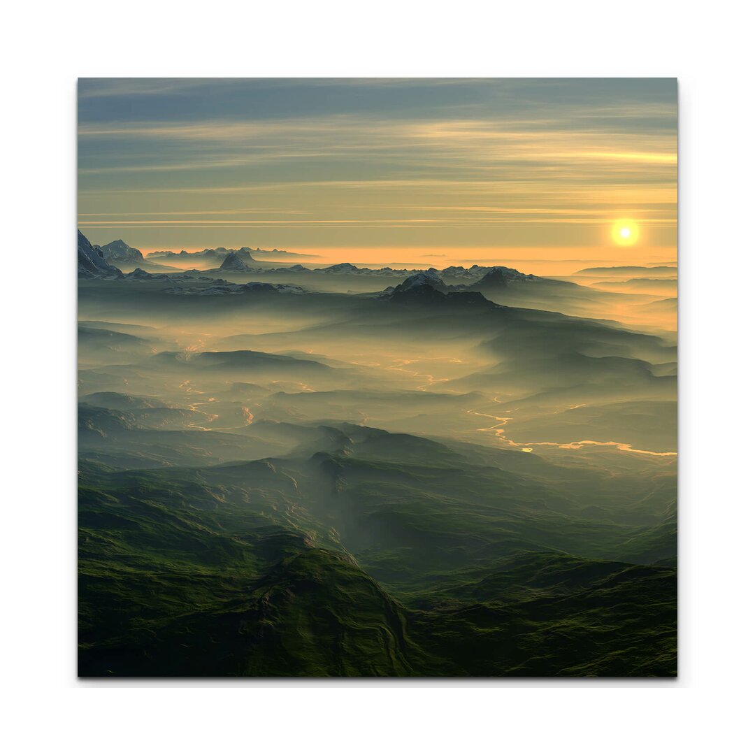 Leinwandbild Bergige Landschaft beim Sonnenuntergang