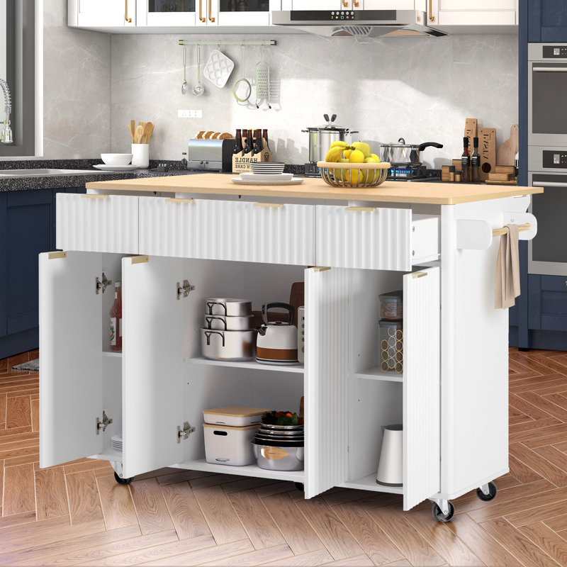 Îlot de cuisine cannelé 55,5 po avec abattant, table roulante avec plateau en faux marbre, prise de courant et support à épices Velis pour cuisine, salle à manger Velis