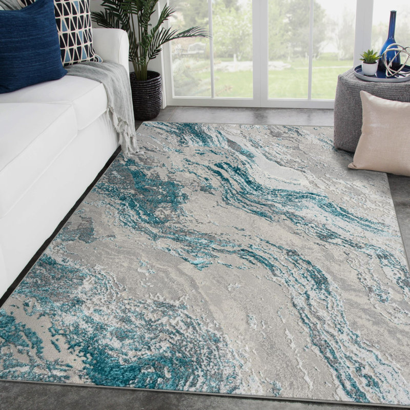 Tapis rectangulaire en polypropylène tissé à la machine en bleu / gris Timmo, Rectangle 8 pi x10 pi