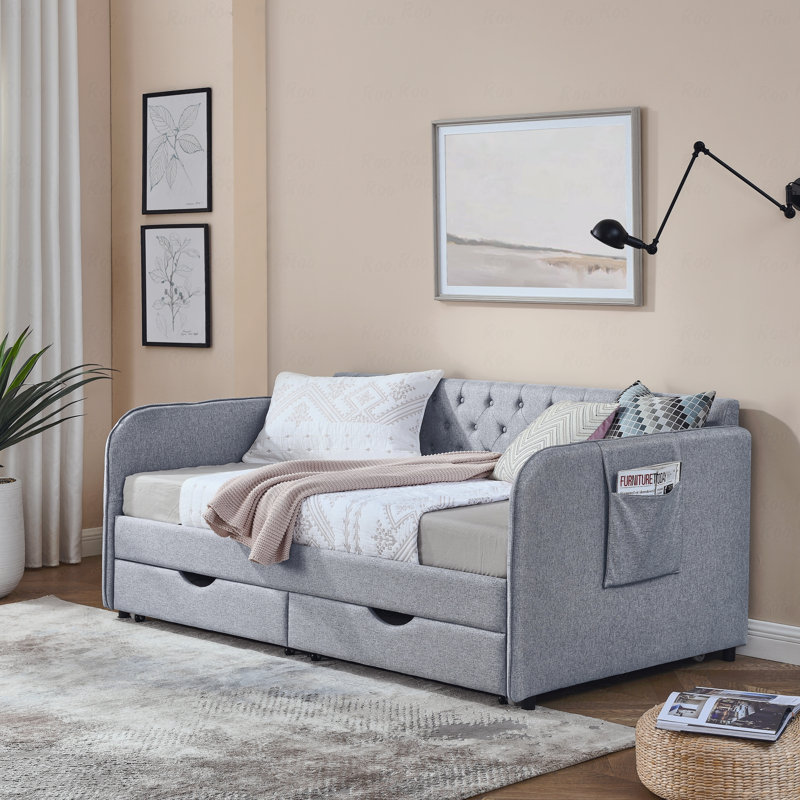 Twin Size Upholstery Trundle Daybed Bed And Two Storage Drawers, Flat Arms With Pocket, Extendable Daybed, Gray