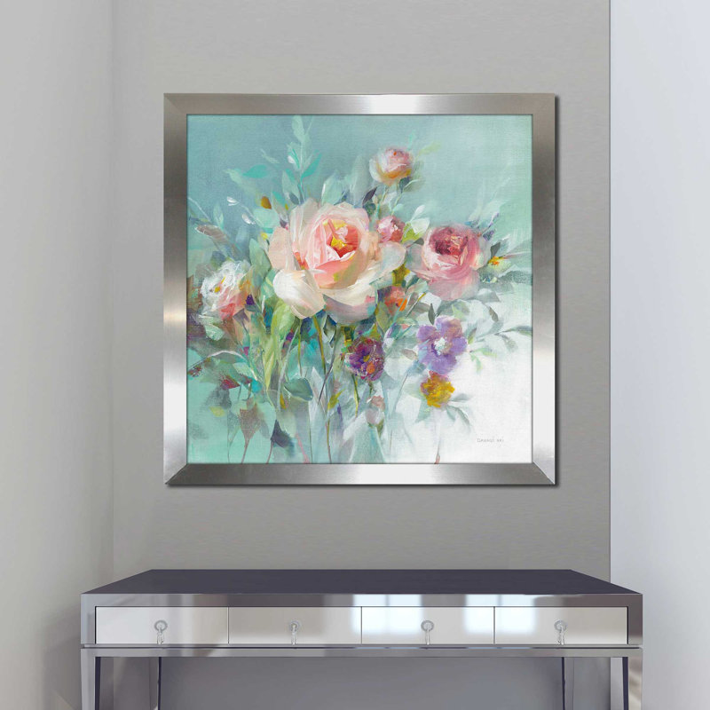 Roses de jardin d'été - Peinture, Encadrement argenté, H 37,5 po x l 37,5 po x P 1 po