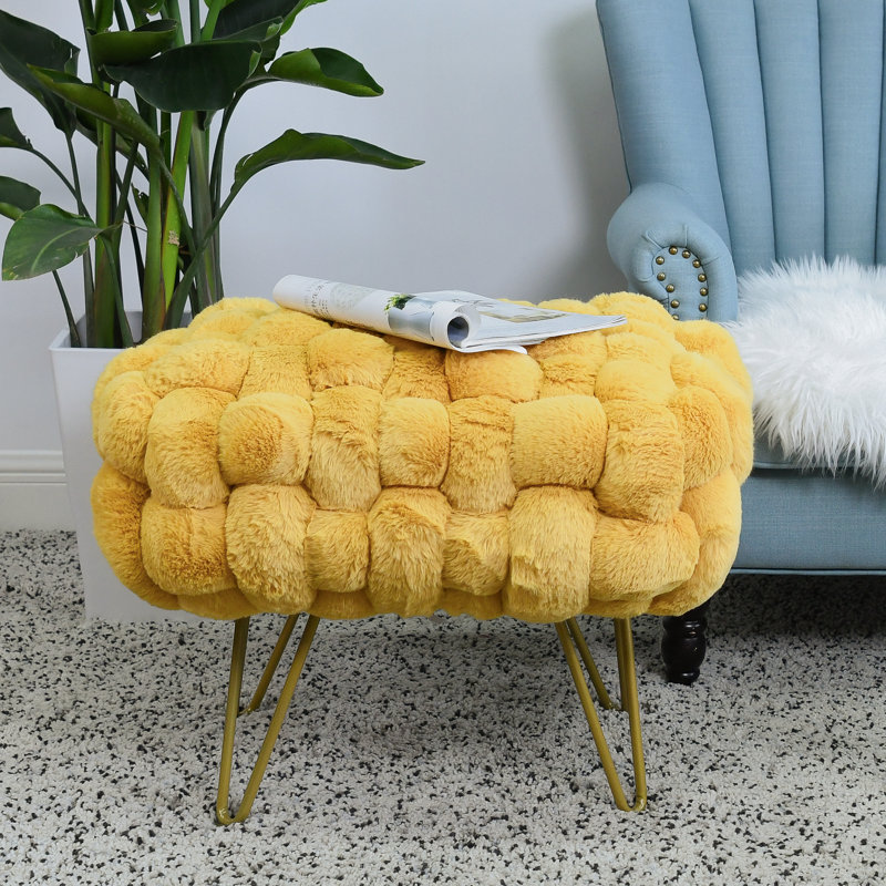 Deya Upholstered Ottoman, Ochre Faux Fur