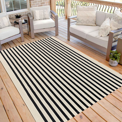 Black and Beige Washable Area Rug Striped Porch Rug  Doormat Cotton Outdoor Rug
