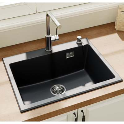  Granite Composite Kitchen Sink 60x45 Cm, Single Bowl Black With Self-healing & Scratch Resistant Surface, Integrated Push-to-seal Drain, Includes Fittings & Overflow