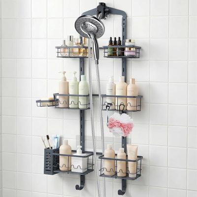 Rust-Resistant Shower Organizer Hanging, 3 Tier Height-Adjustable Over the Head Caddy, Rack with Soap Basket (Gray)