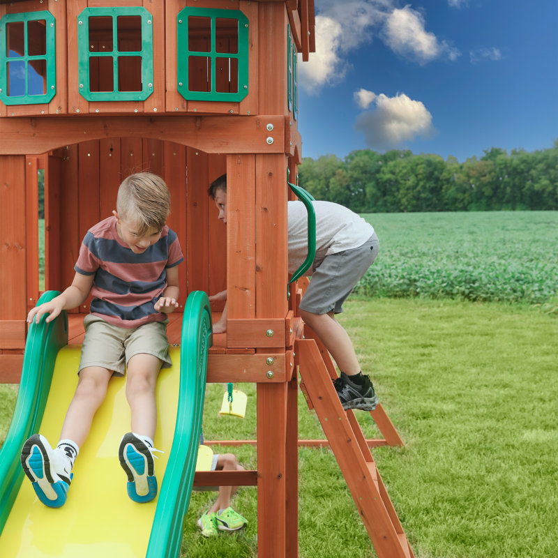 Atlantis Cedar Wood Swing Set with Green Slide and Clubhouse