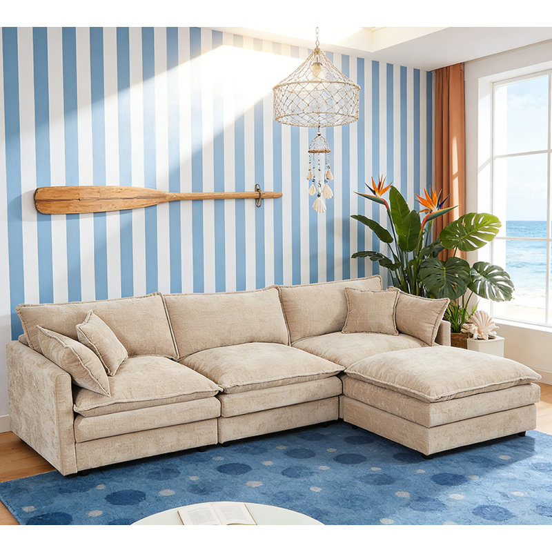 3-Seater Comfy Cloud Couches With Movable Ottoman, Coffee
