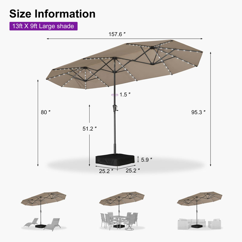 Parasol de terrasse beige à double face de 13 pieds avec base incluse, Kaki