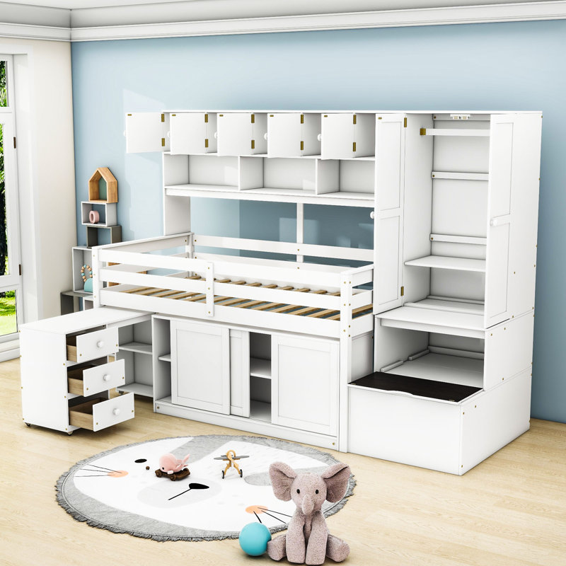 Lit mezzanine en bois avec bureau sous le lit, tiroirs et tablettes Karisma, Simple, Blanc