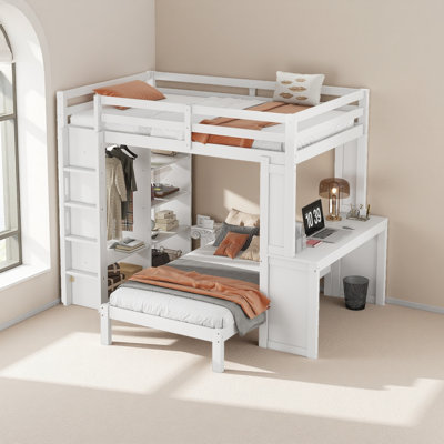 Bunk Bed With Dismountable Lower Bed And Desk, Solid Wood Bunk Beds Frame With Built-In Shelves And Wardrobe, Can Be Converted Into Loft Bed by Latitude Run
