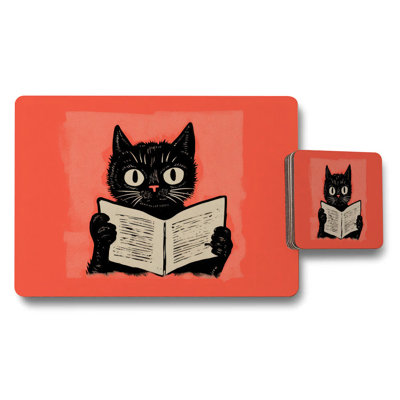 Cat Reading Book Placemat And Coaster Set With Black Cat Illustration