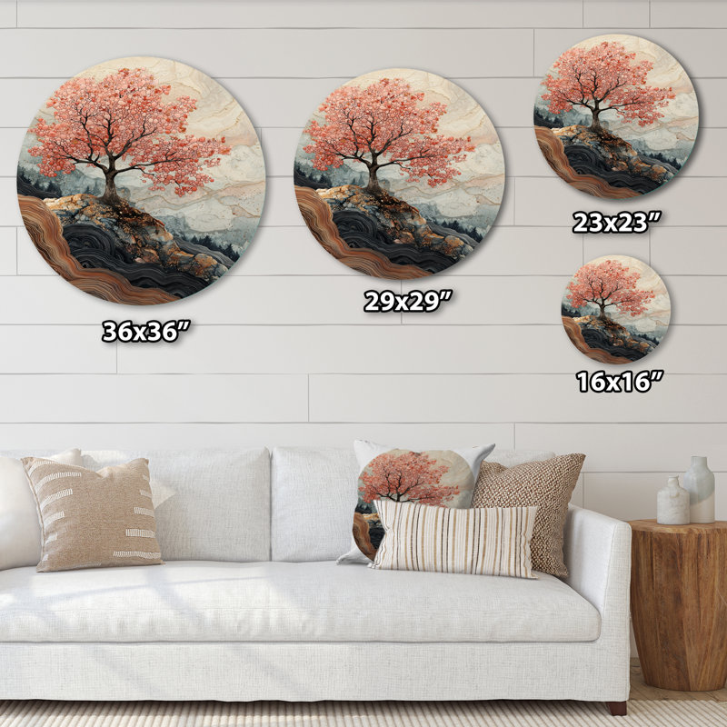 Fleur de cerisier, échos de Sakura I - art mural rond en métal Cherry Blossom, H 29 po x l 29 po
