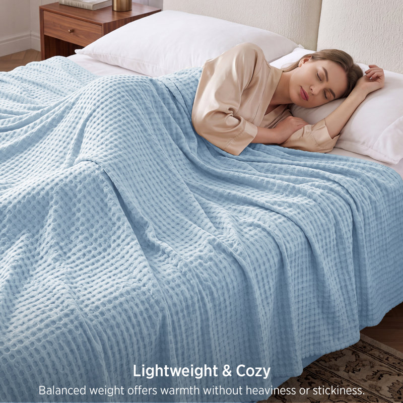 Bedsure Cotton & Rayon from Bamboo Waffle Blanket, Lightweight and Breathable for Year-Round Comfort, Queen, Skyway
