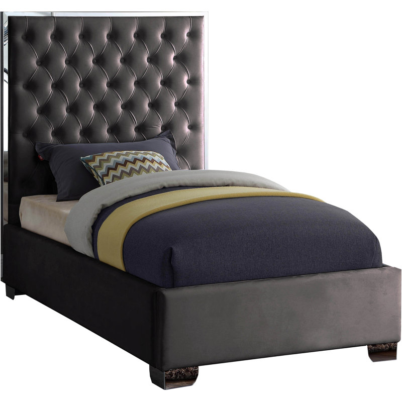 Spadaro Upholstered Platform Bed, Grey Velvet, Silver, Twin