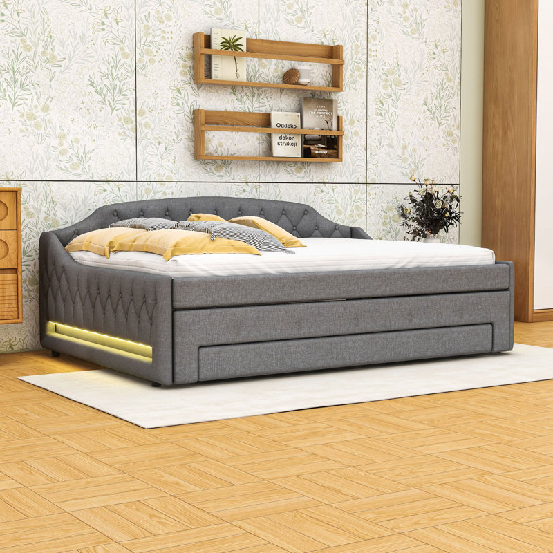 Full Size Daybed with Twin Trundle and Drawers,LED Light, Gray