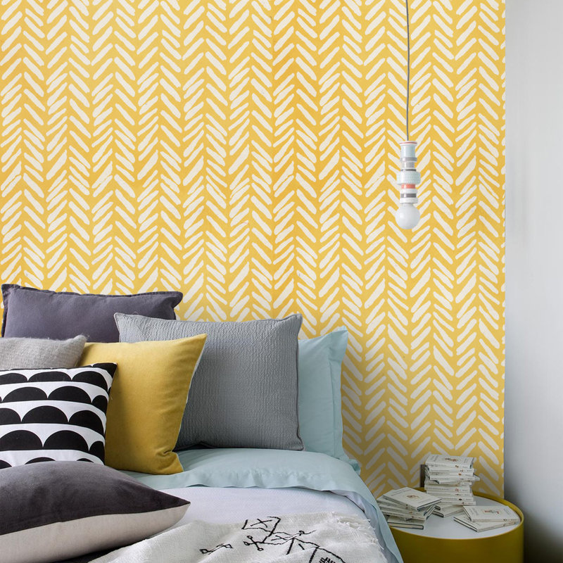 Light Blue Herringbone Wallpaper, Yellow