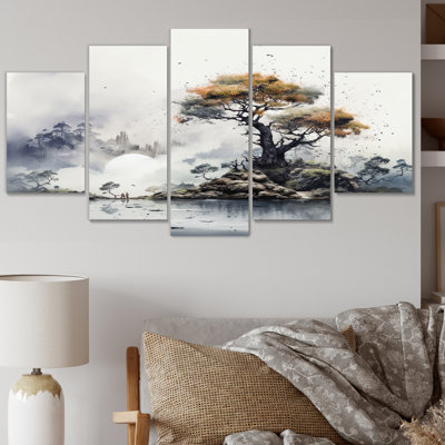 «Gray Tree Ink Harmony», impression d'art mural arbres du paysage - 5 panneaux