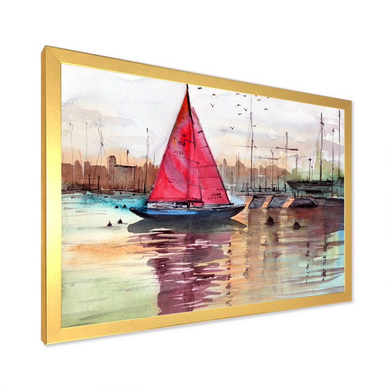 Un voilier dans une marina avec des bateaux et des bâtiments - reproduction sur toile, H 30 po x l 40 po, Encadrement doré