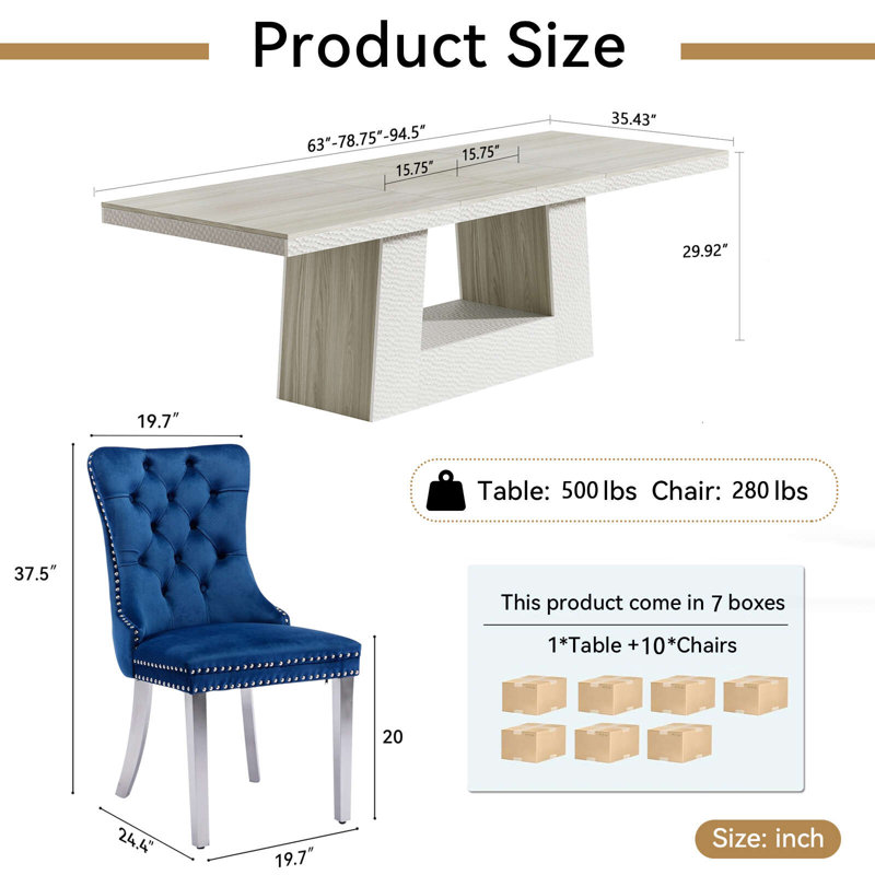 Ensemble de salle à manger extensible 160-240 cm pour 10 personnes avec piétement trapézoïdal en bois, plateau extensible, 6 à 10 couverts, design martelé, style moderne du milieu du siècle, ensemble de cuisine rectangulaire 11 pièces en bois, chaises recouvertes de velours