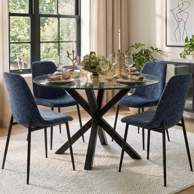 4 - Person Dining Table Sets With Glass Round Table & 4 Upholstered Chenille Chairs