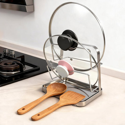 304 Stainless Steel Pot Lid Organizer， Spoon Rest, Pot Lid Holder Storage Rack For Kitchen Countertop, Multifunctional Stove Top Pot Cover Stand While Cooking