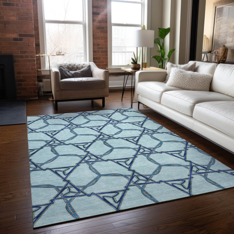 Sky Blue Geometric Synthetic Rectangular Indoor/Outdoor Rug 3x5