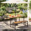 Ensemble de salle à manger 3 pièces en bois d'acacia avec trou pour parasol et 2 bancs sans dossier