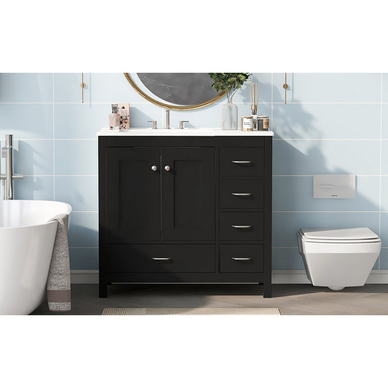 Meuble-lavabo 36 po avec lavabo en céramique, armoire de rangement abondante, 2 portes à fermeture douce et 5 tiroirs, Noir