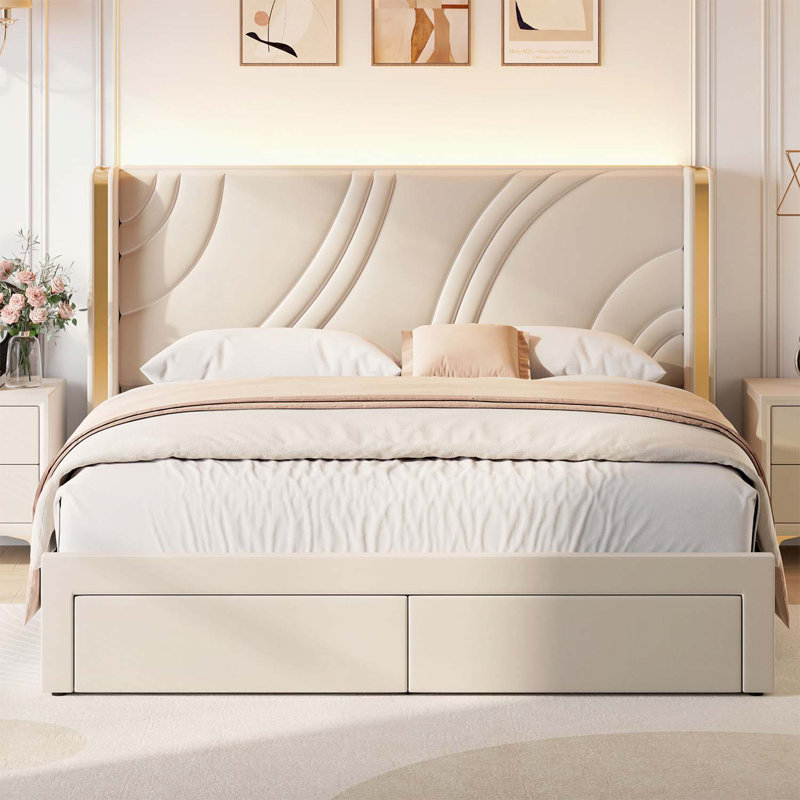 Structure de lit tapissier à DEL avec tiroirs de rangement et tête de lit à oreilles, Beige, Grand lit