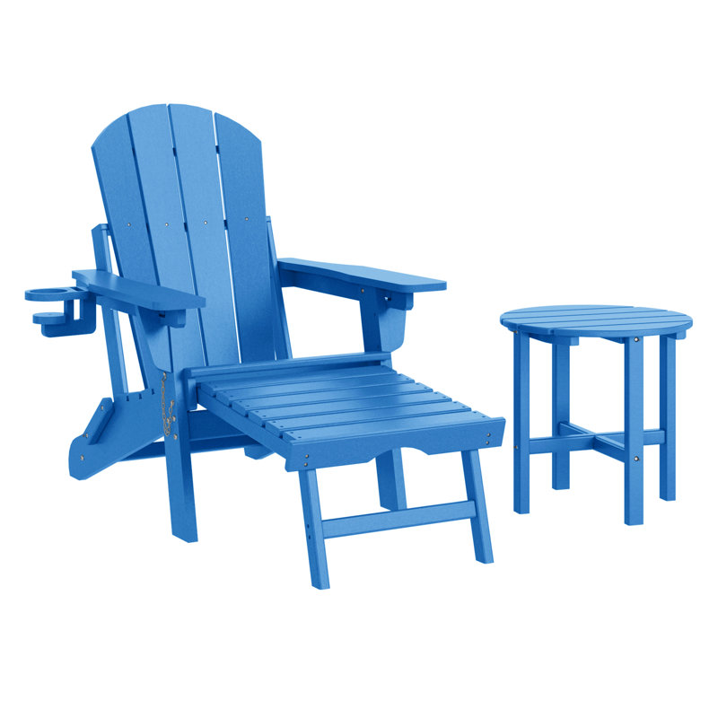Outdoor Folding Adjustable Adirondack Chair With Hideaway Ottoman & Round Side Table, Pacific Blue