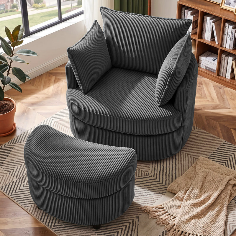 Corduroy Upholstered Swivel Barrel Accent Chair with Hidden Storage Ottoman, Round Lounge Chair for Living Room, Dark Gray
