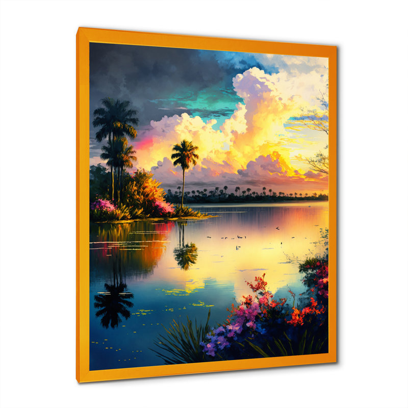 «Winstead Beautiful Sunset over a Tropical Lake IV», reproduction sur toile, L 12 po x H 20 po, Encadrement doré