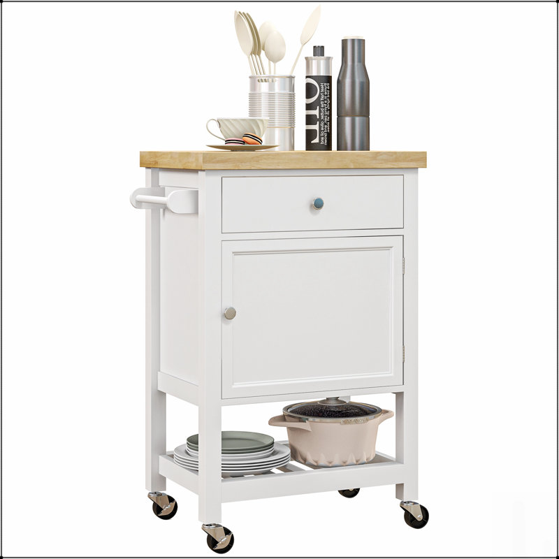 Chariot de cuisine utilitaire, îlot roulant avec plateau en bois d'hévéa lisse, surface de bloc de boucher étroite et options de rangement spacieuses