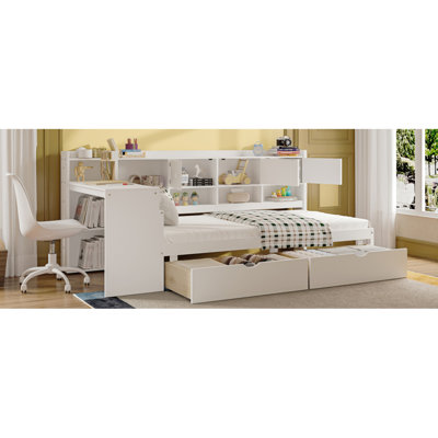 Lit de jour en L en bois avec sept armoires de rangement et deux tiroirs de rangement, lit multifonctionnel avec bureau d'étude et bibliothèque intégrée, blanc (ancien SKU: N733S247070K)
