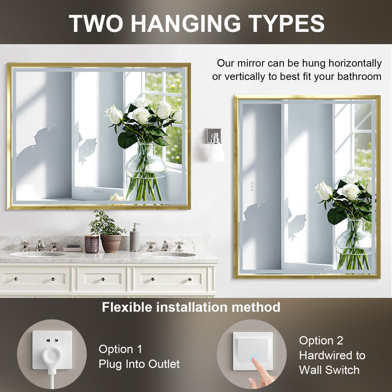 Miroir de salle de bain à cadre en aluminium brossé doré, 48 po x 60 po