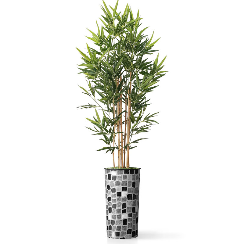 Artificial Tree in Geometric Pattern Planter Fake Bamboo Silk Tree (Plant Pot Plus Tree), Stone Gray