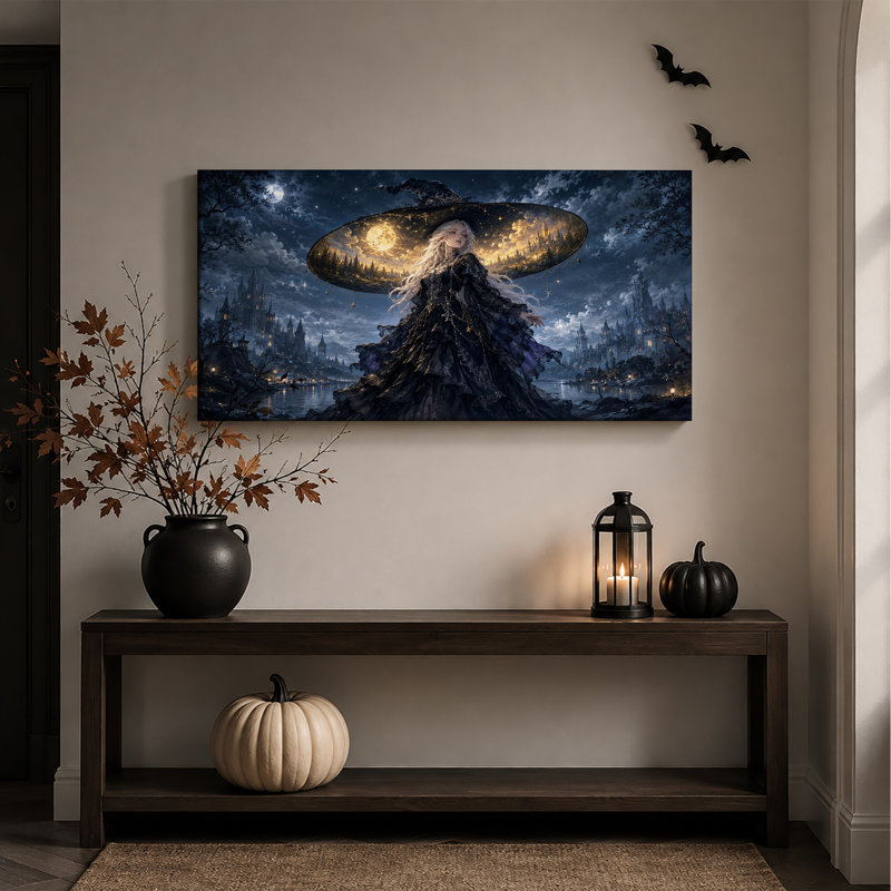 Sorcière au chapeau large avec forêt au clair de lune et château - Toile murale d'Halloween, L 32 po x H 16 po