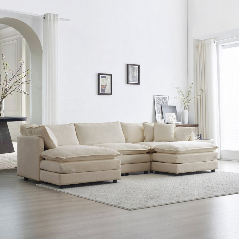 Jeffers Chenille Fabric Upholstered 4-Piece Sectional Sofa, Beige Chenille, 33.85" H x 114.56" W x 34.25" D