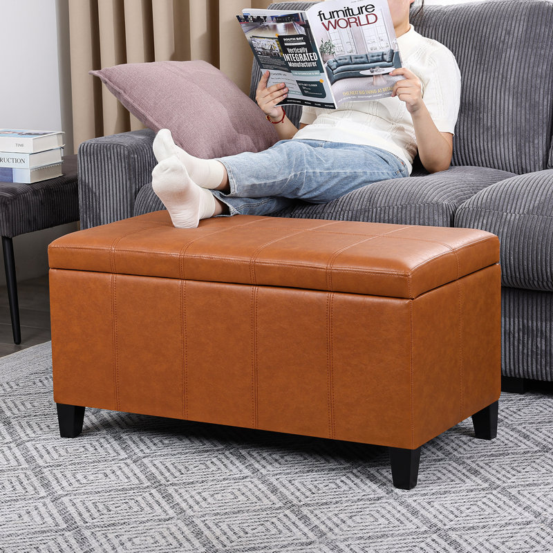 33.6" Faux Leather Storage Ottoman With Wooden Legs