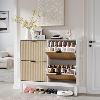 Rangement à chaussures pour le vestibule, armoire à chaussures dissimulée avec 4 tiroirs rabattables, range-chaussures autoportant avec tablettes réglables et pieds en métal pour le vestibule, entrée de la porte d'entrée