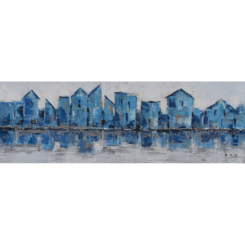 « 50 stores », reproduction de peinture à l’huile sur toile tendue en bleu