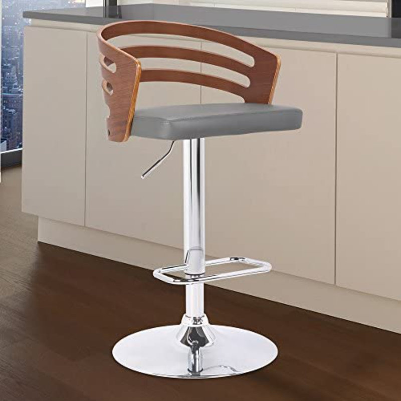 Hancock Swivel Adjustable Height Barstool with Pedestal Base in Faux Leather, Wood and Metal, Grey, Chrome , Walnut Wood
