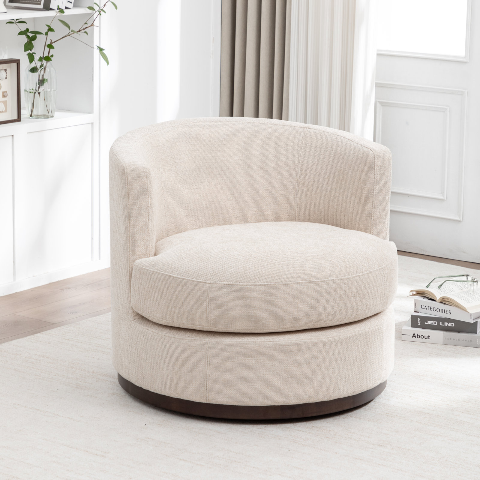 Arabella Swivel Barrel Chair, Chalk Linen Performance Chenille