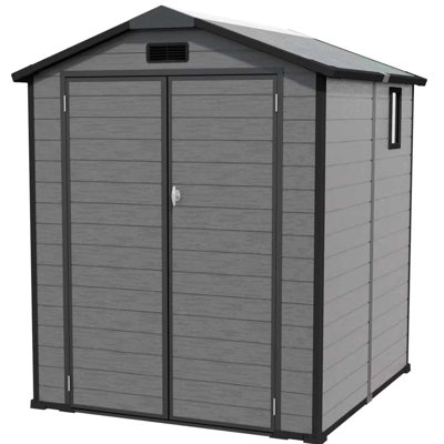 Remise extérieure verrouillable en plastique de 6 pi x 6 pi en gris foncé - idéale pour ranger les vélos, les meubles de patio et l'équipement de pelouse, la protection de l'eau multi-parois en résine, le lanterneau Ridge, les composants pré-marqués