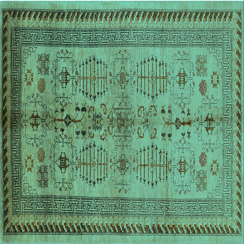 Tapis oriental en laine / polyester tissé à la machine en turquoise / brun / beige, Carré 6 pi
