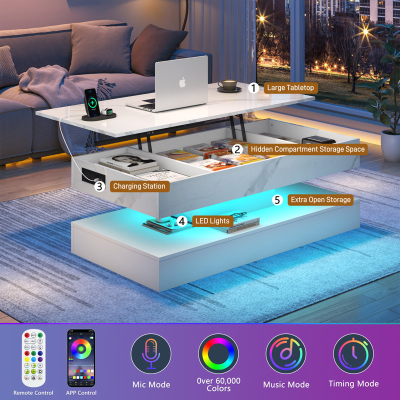 47.2" Large Lift Top Led Modern High Glossy  Coffee Table With Charging Station