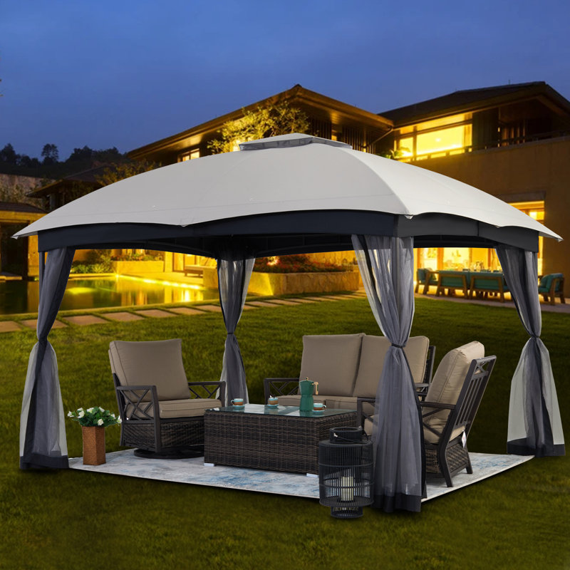 10Ft.W x 12Ft.D Steel Patio Gazebo with Netting, Grey