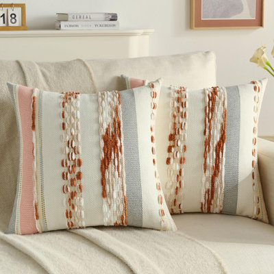 Ensemble de 2 housses de coussin décoratif rouille beige 18 x 18 po, housse de coussin texturée touffetée et rayée, coussins bohème décoratifs
