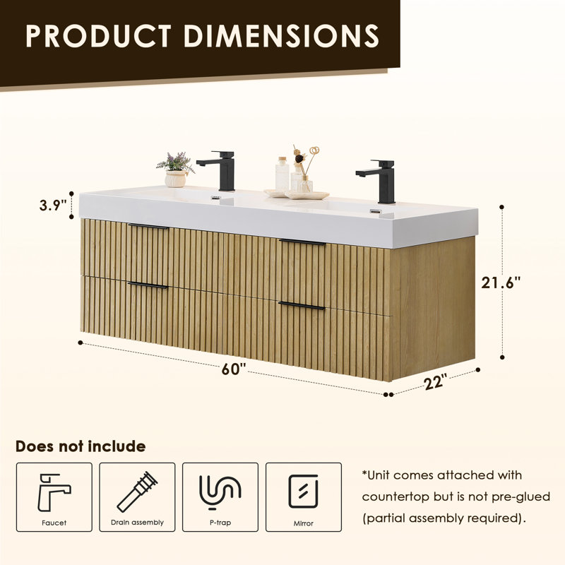 Livia 60" Wall-mounted Double Bathroom Vanity with White Artificial Drop-in Sink without Mirror